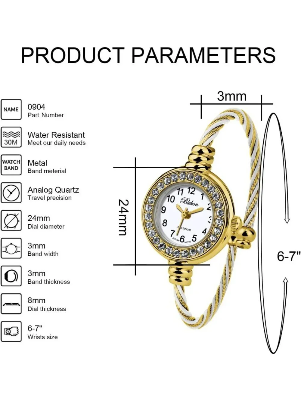 Women's Gold And White Analog Cable Cuff Arabic Number Rhinestone Bracelet Watch